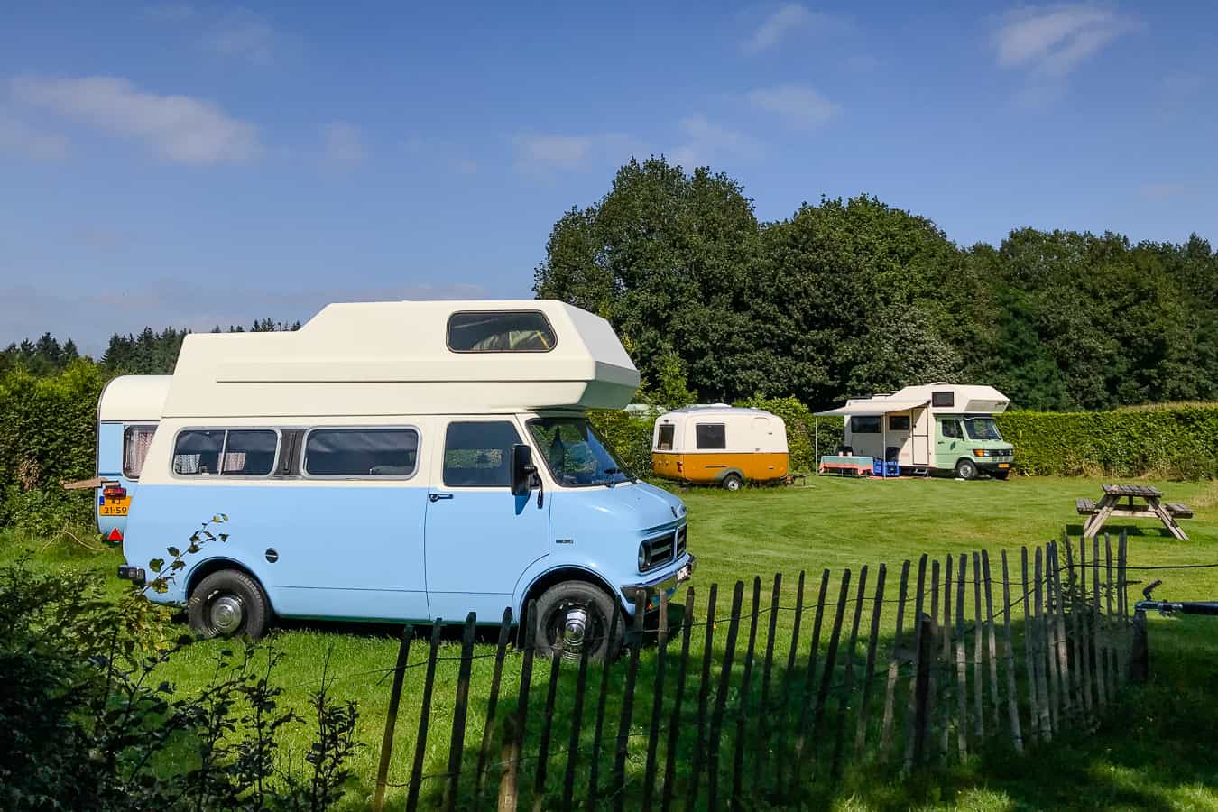 Kampeerveld met retro campers en caravans